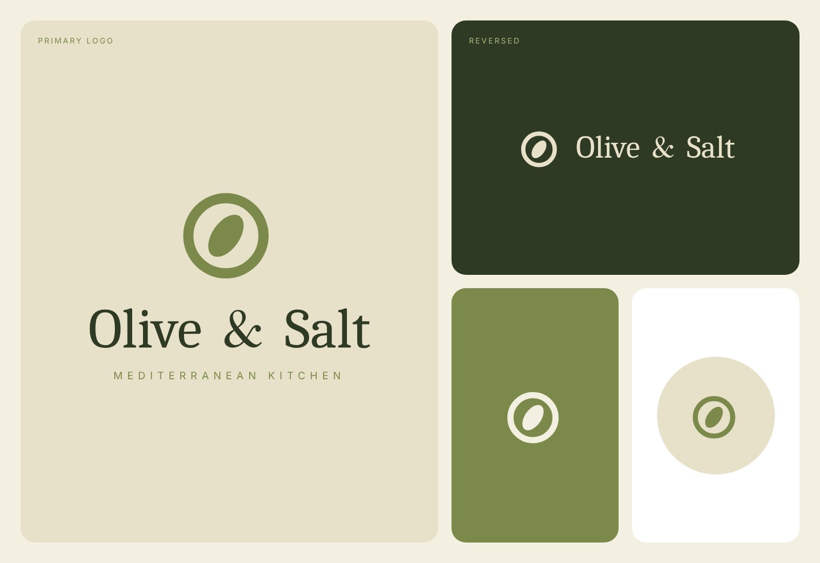 Logo suite for Olive and Salt showing the primary logo, reversed version and icon