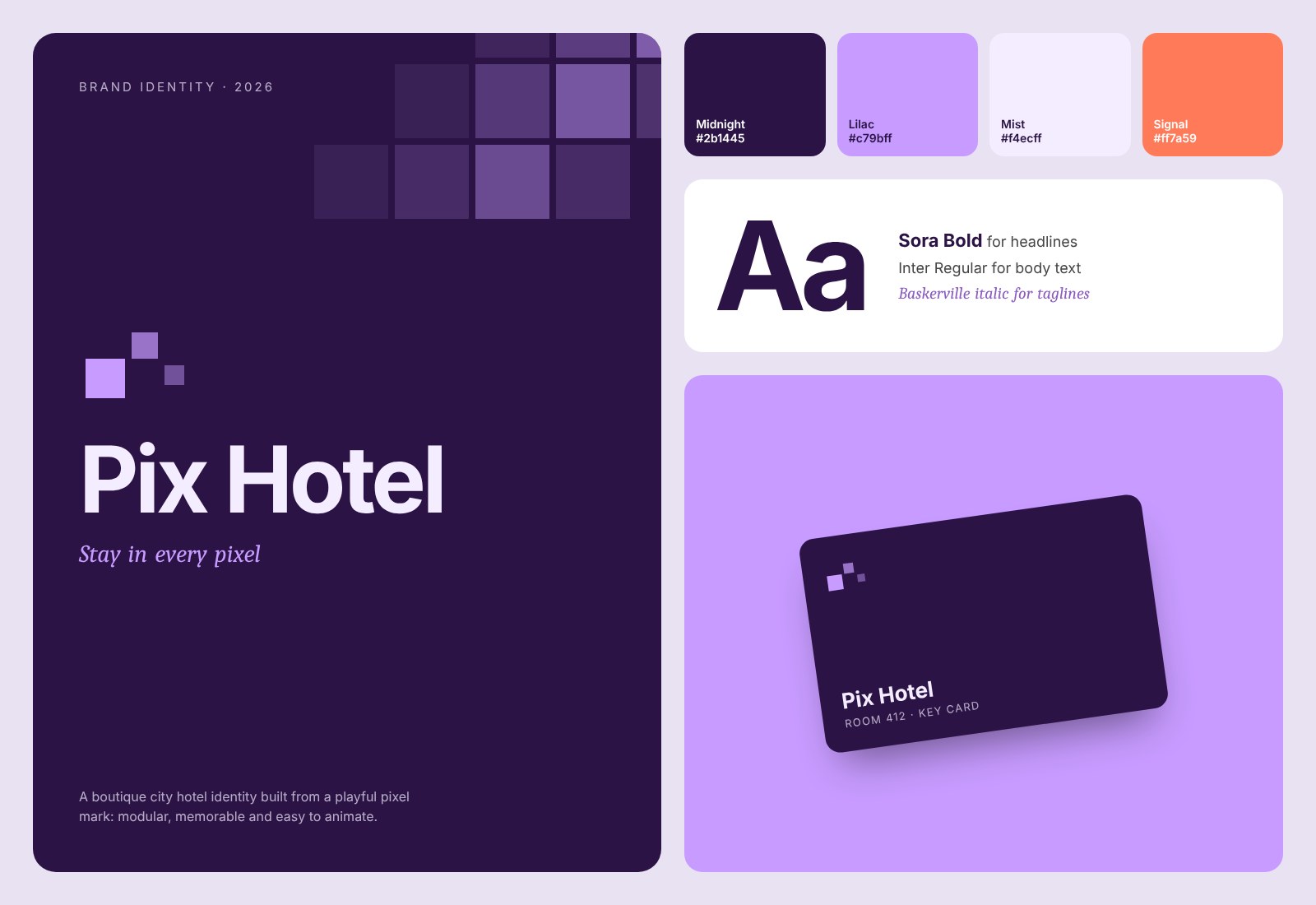 Brand identity board for Pix Hotel with logo, colour palette, typography and key card