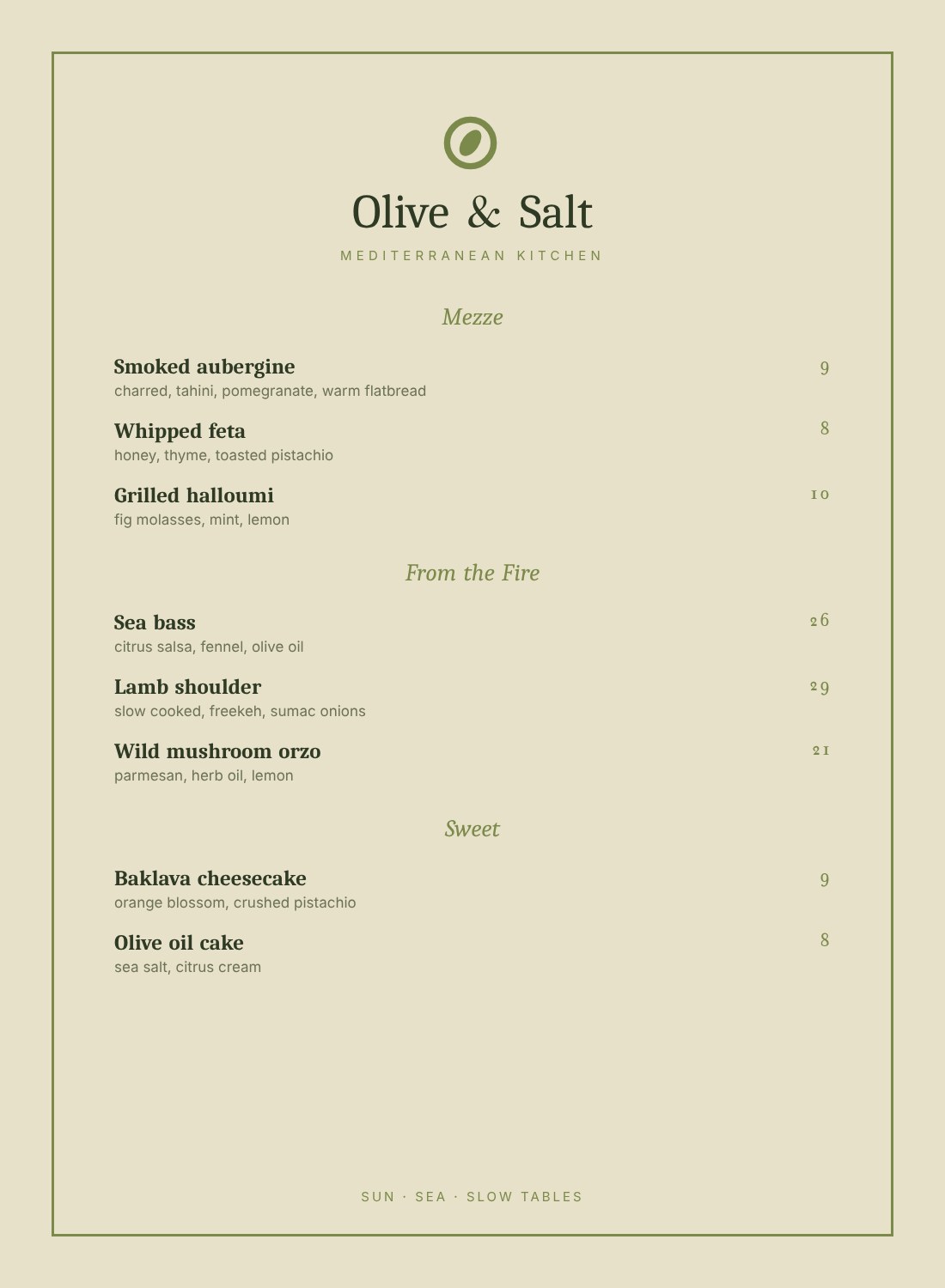 Printed restaurant menu design for Olive and Salt, a Mediterranean restaurant