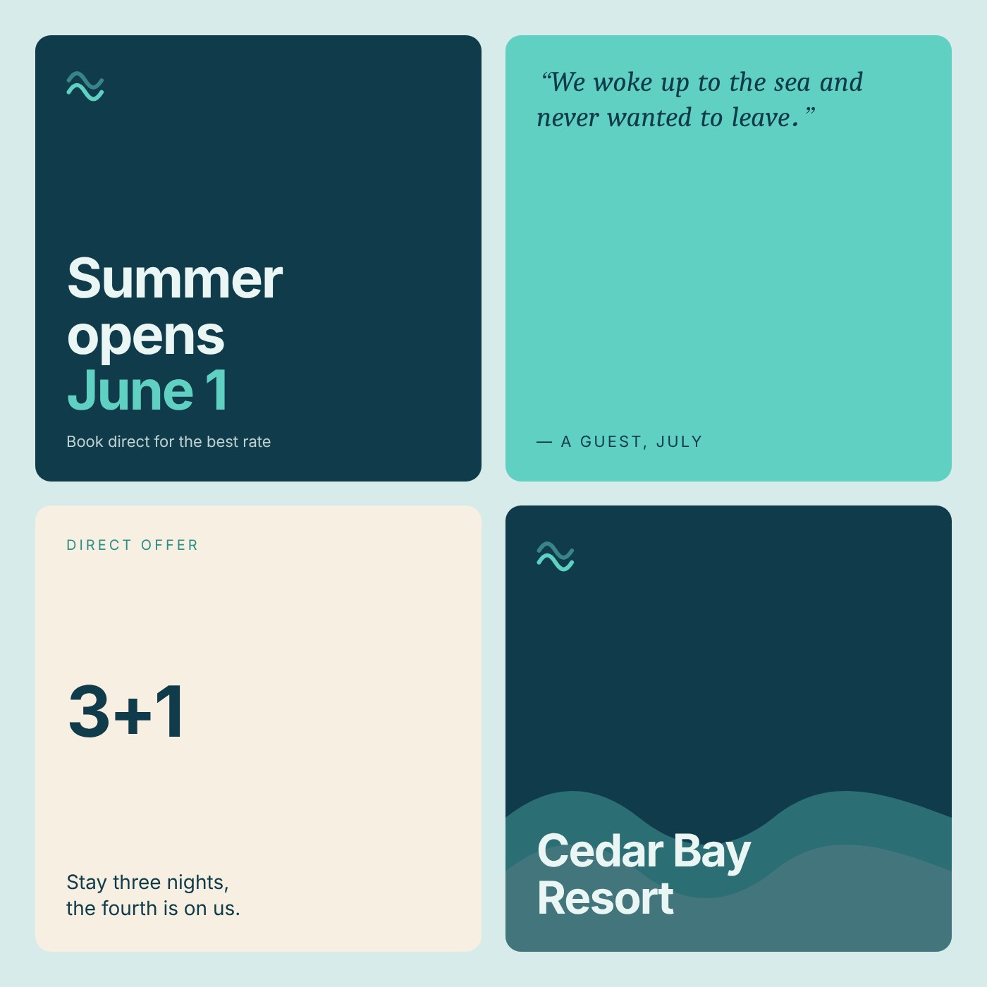 Four Instagram posts for Cedar Bay Resort announcing the season, an offer and guest quote