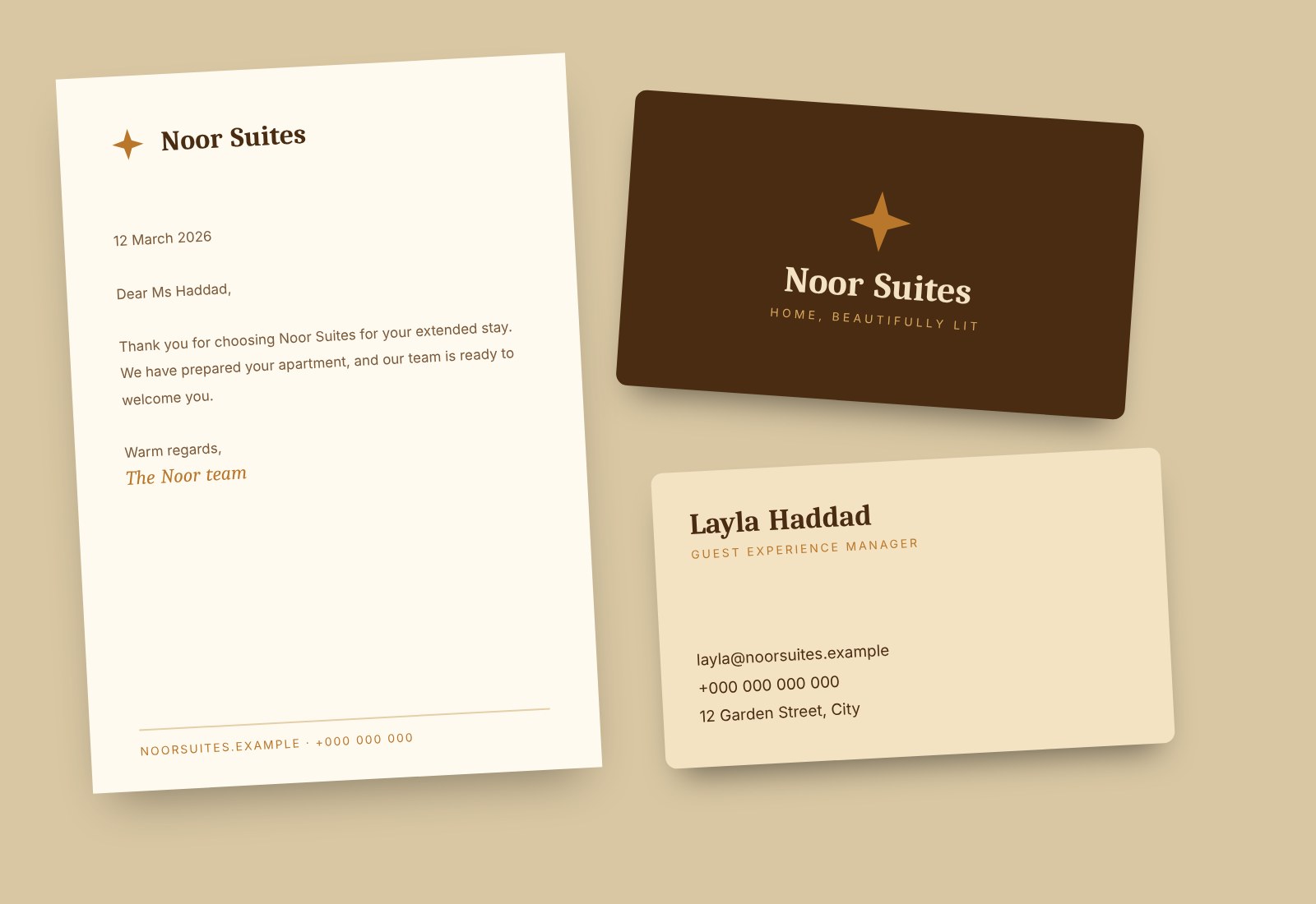Business cards, letterhead and envelope designed for Noor Suites serviced apartments