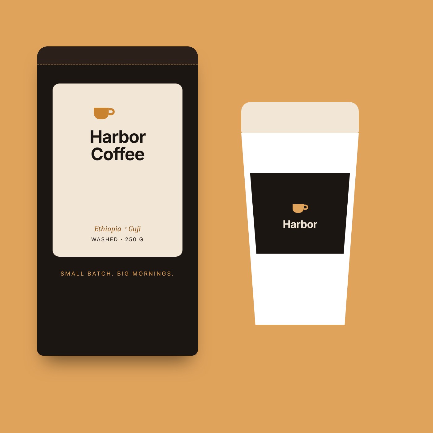 Coffee bag, cup and sleeve packaging designed for Harbor Coffee