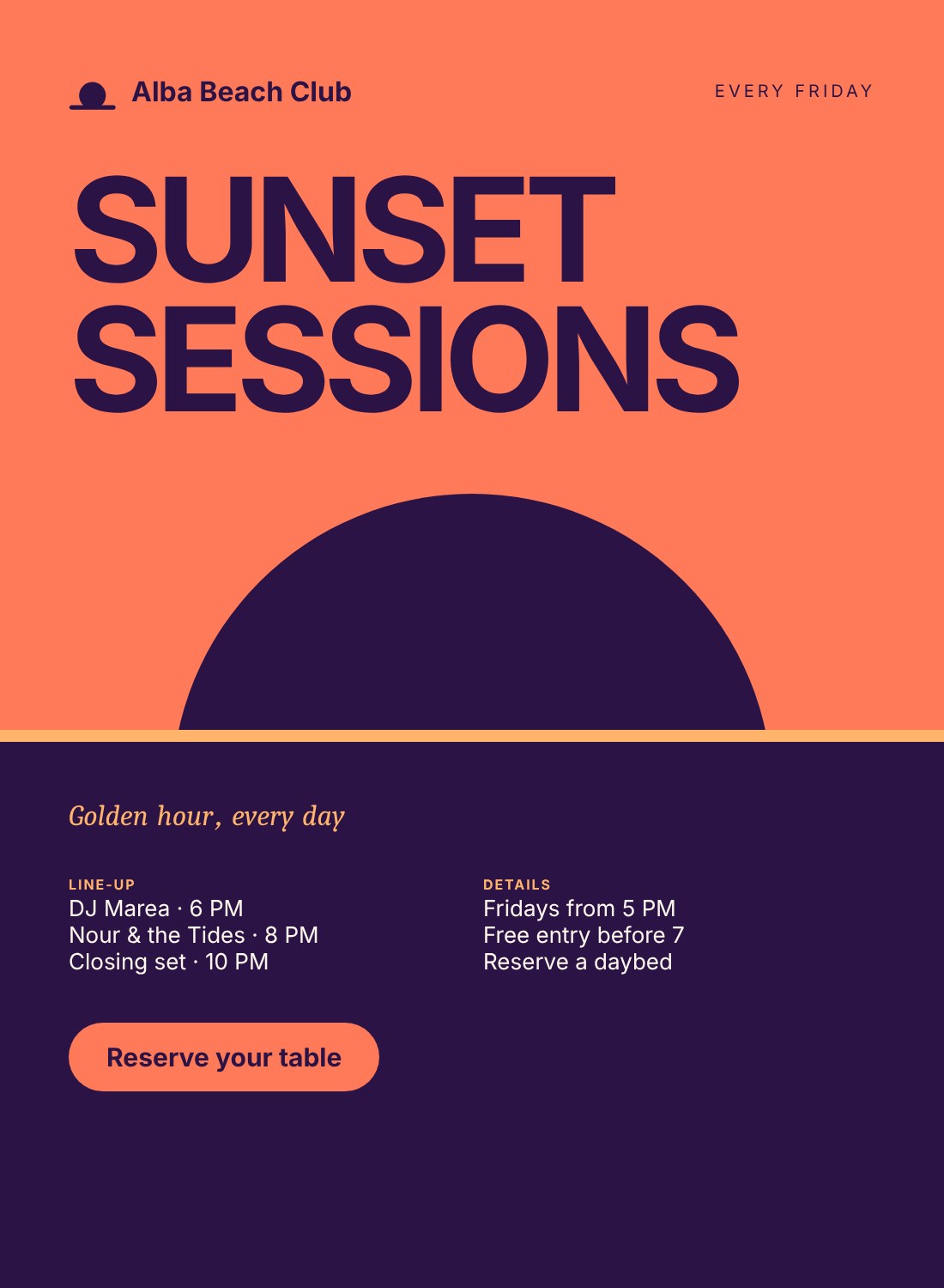 Event flyer for Sunset Sessions at Alba Beach Club