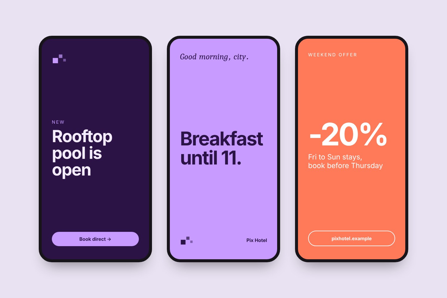 Three Instagram story designs for Pix Hotel promoting rooms, breakfast and a weekend offer